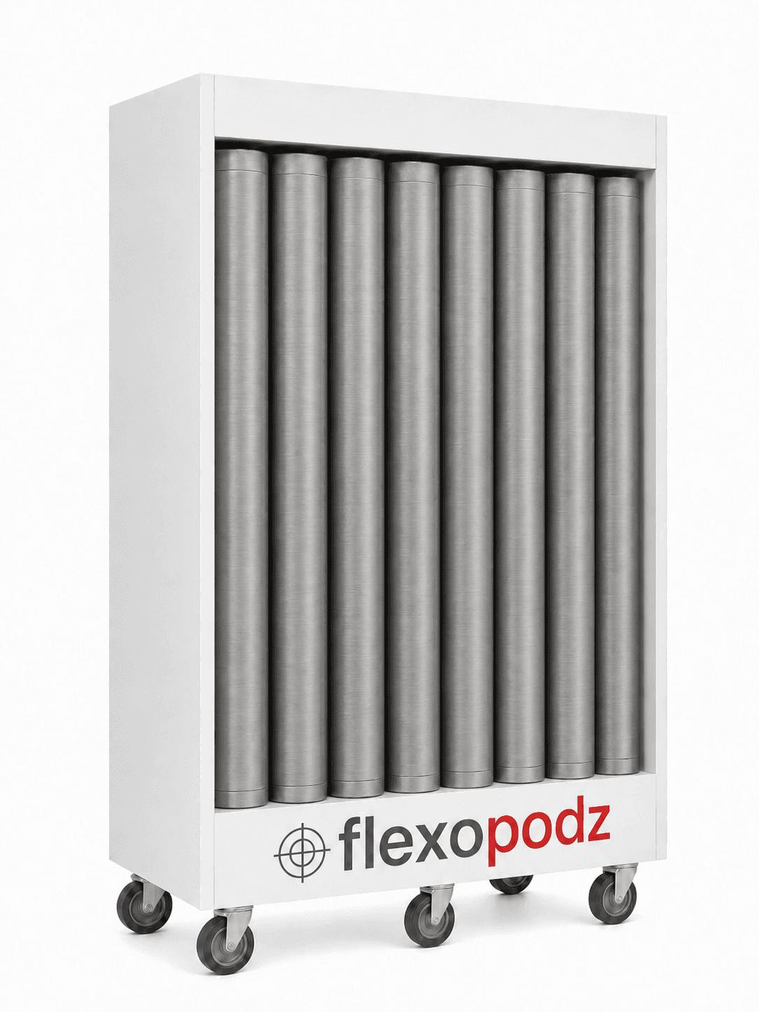 Flexopodz vertical mobile cart configured with separated positions for anilox sleeves