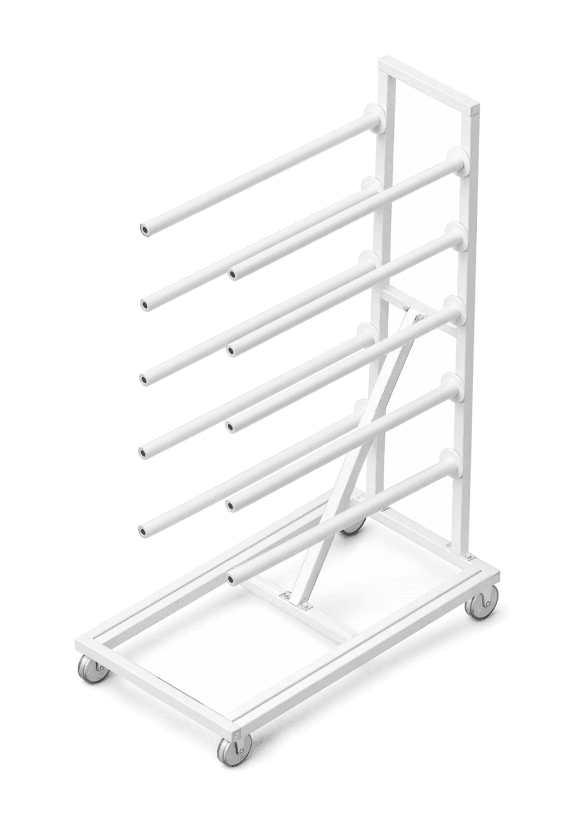 Narrow web job cart with angled storage arms on wheels