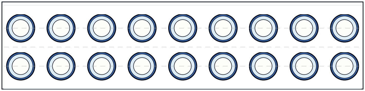 Overhead 2 foot by 8 foot competitor shelf layout showing the same 32 inch sleeves constrained by overhead tracks.