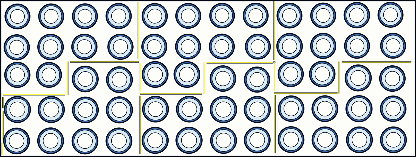 Overhead 3 foot by 8 foot Flexopodz shelf layout showing 26 inch sleeves grouped by yellow tape.